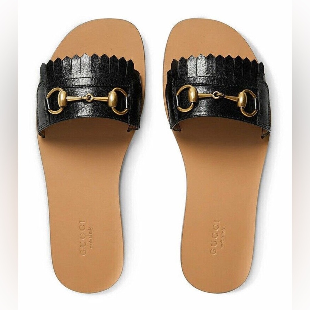 GUCCI Varadero Horsebit Fringed Leather Sandals Black Size 38/8 NWT Sold Out